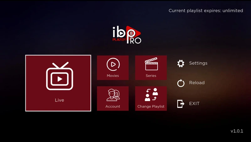 Startscherm van de IPTV-speler met live-tv, films en series